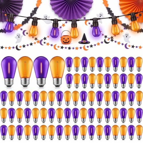 Mudder 60 Pack Halloween LED Light Bulbs 1w Replacement Light Bulbs S14 Shatterproof Waterproof String Lights Indoor Outdoor LED Lights Vintage Patio Bulb, E26 110v Regular Base (Purple and Orange)