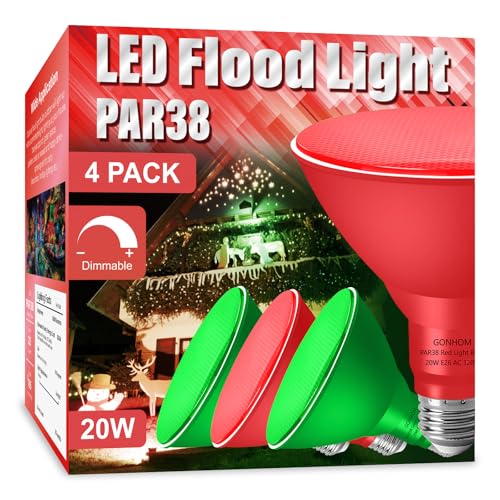 4 Pack PAR38 Red Green Flood Lights Outdoor,Dimmable LED Red Green Light Bulbs,20W(Equivalent to 200W),E26 Base,Outdoor Porch,Holiday Lighting,LED Flood Light Bulb for Christmas