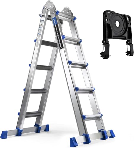 Soctone Ladder, A Frame 5 Step Extension Ladder, 17 Ft with Multi Position & Removable Tool Tray with Stabilizer Bar, 330 lbs Weight Rating Telescoping La dder for Household or Outdoor Work