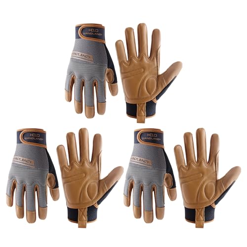 HANDLANDY Leather Work Gloves Mens & Women, Utility Safety Mechanic Working Gloves Touch Screen, Flexible Breathable Yard Work Gloves (Large, Brown-Cowhide Palm, Pack of 3)