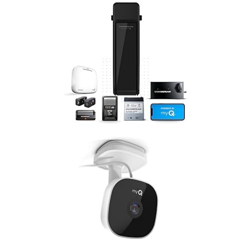 CHAMBERLAIN RJO101MC Ultra-Quiet Wall Mounted with Battery Backup and LED Lighting Garage Door Opener, 36 pounds + myQ Smart Garage Security Camera  1080p HD Video, Night Vision, Motion Detection