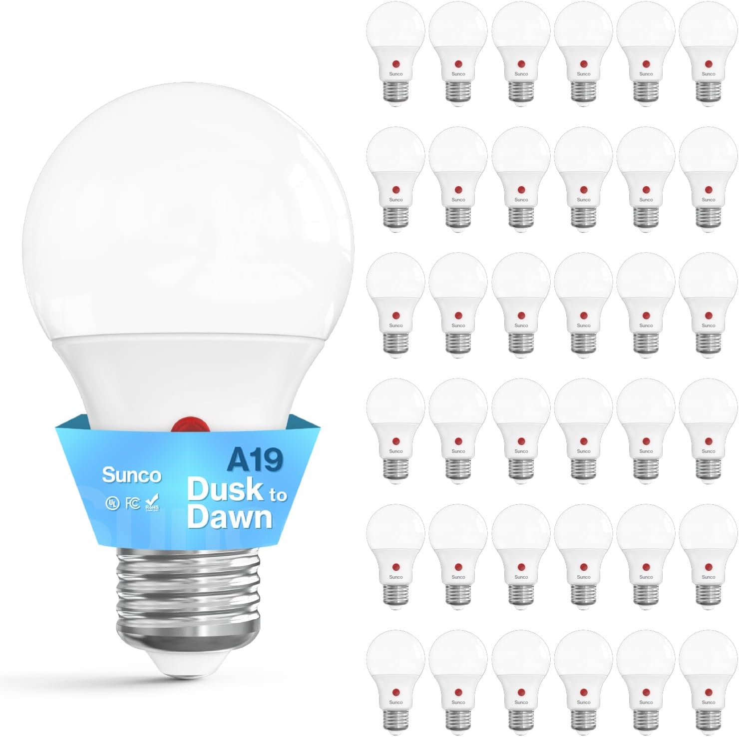 Sunco 36 Pack Dusk to Dawn LED Outdoor Light Bulb A19, Photocell Automatic for Exterior Lighting, 800 LM, 9W (60W Eqv.), 6000K Daylight Deluxe, Auto On/Off Sensor, IP65 Rated UL.