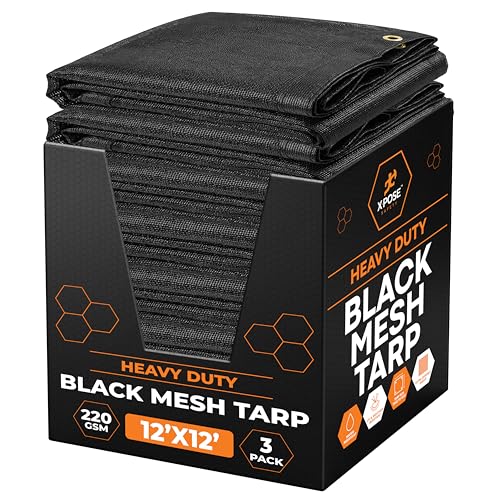 Xpose Safety Heavy Duty Mesh Tarp 12' x 12' (3-Pack)  Multipurpose Black Protective Cover with Air Flow - Use for Tie Downs, Shade, Fences, Canopies, Dump Trucks  Weather and Tear Resistant