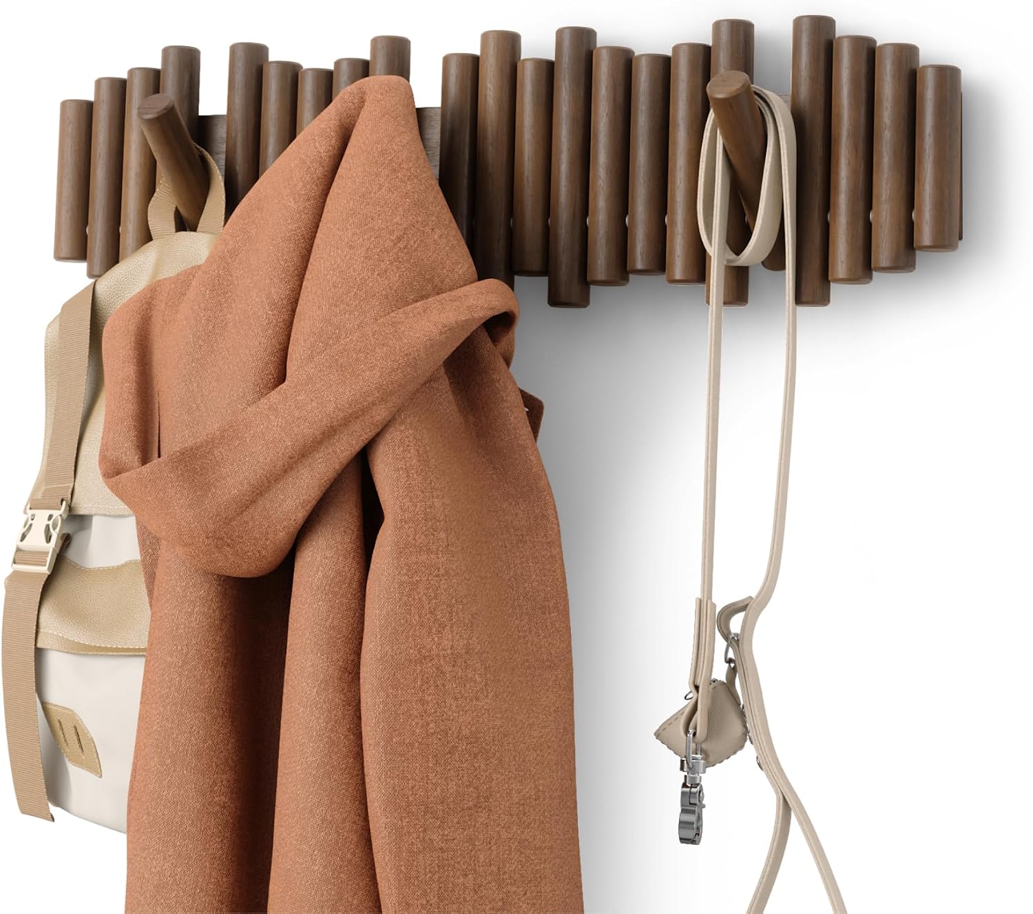 Umbra Picket Coat Rack with 8 Hooks  Walnut Wall-Mounted Coat Rack with Flip-Down Wooden Hooks, Real Pine Wood Decorative Wall Storage for Jackets, Hats, Scarves, Bags, Entryway, Bedroom Living Room