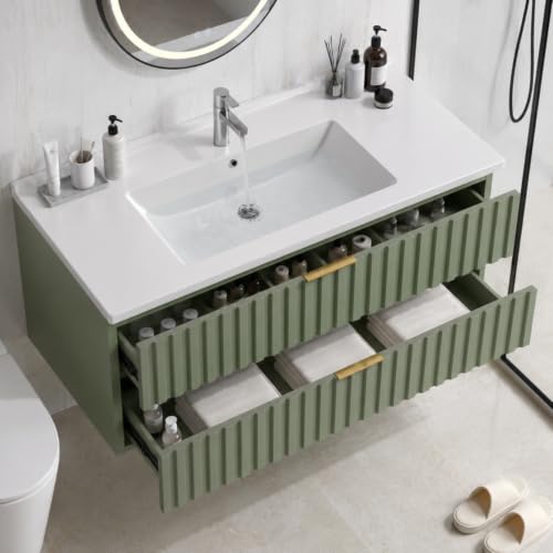 30 Inch Bathroom Vanity with Sink Combo, Floating Bathroom Vanity with 2 Fluted Drawers & Metal Handle, Modern Wall Mount Storage Cabinet with Ceramic Integrated Sink for Small Space (Green)