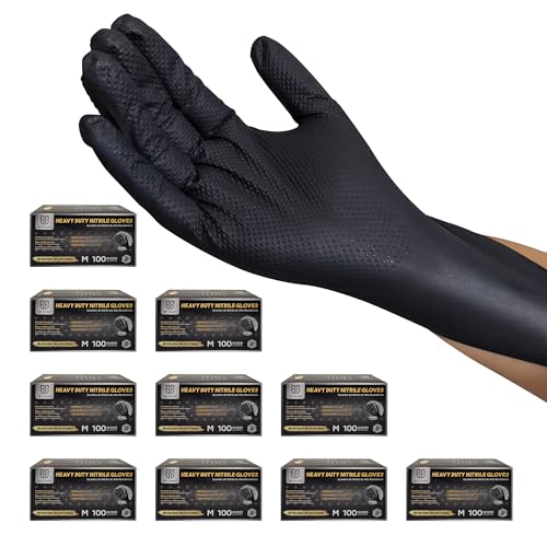 8Mil Black Nitrile Gloves 100pcs, Latex Free Industrial Gloves with Diamond Grip for Automotive, Mechanics, Cleaning